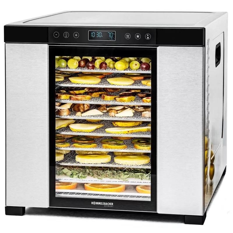 Food dehydrator Rommelsbacher DA1050, stainless steel, 5-tray (10 stainless trays), adjustable 35–75 °C, 99 h timer, 1.6 m² drying area