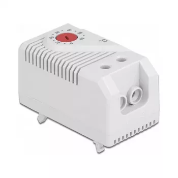 Thermostat DELOCK 66824, plastic housing, IP20, 30 W, 250 V, 10 A, 43×60×33 mm, grey/red