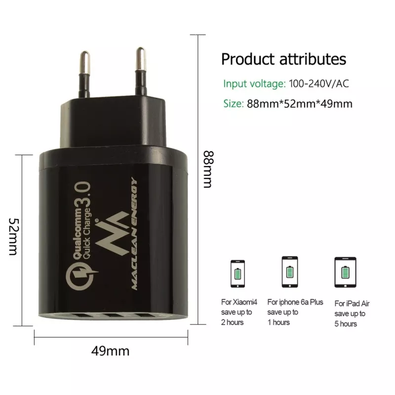 USB wall charger MACLEAN MCE479B — 3x USB ports, 18W total output, compact
