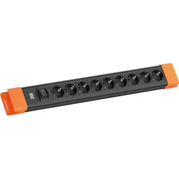 Power strip Bachmann CONNECTUS with 9x CEE 7/3 sockets, 1x switch, 2.0 m cable — black/orange
