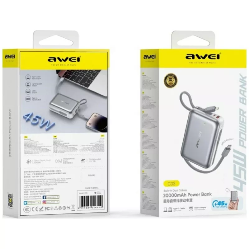 Portable power bank Awei C03 20000mAh with 45W output and integrated USB-A/USB-C cable