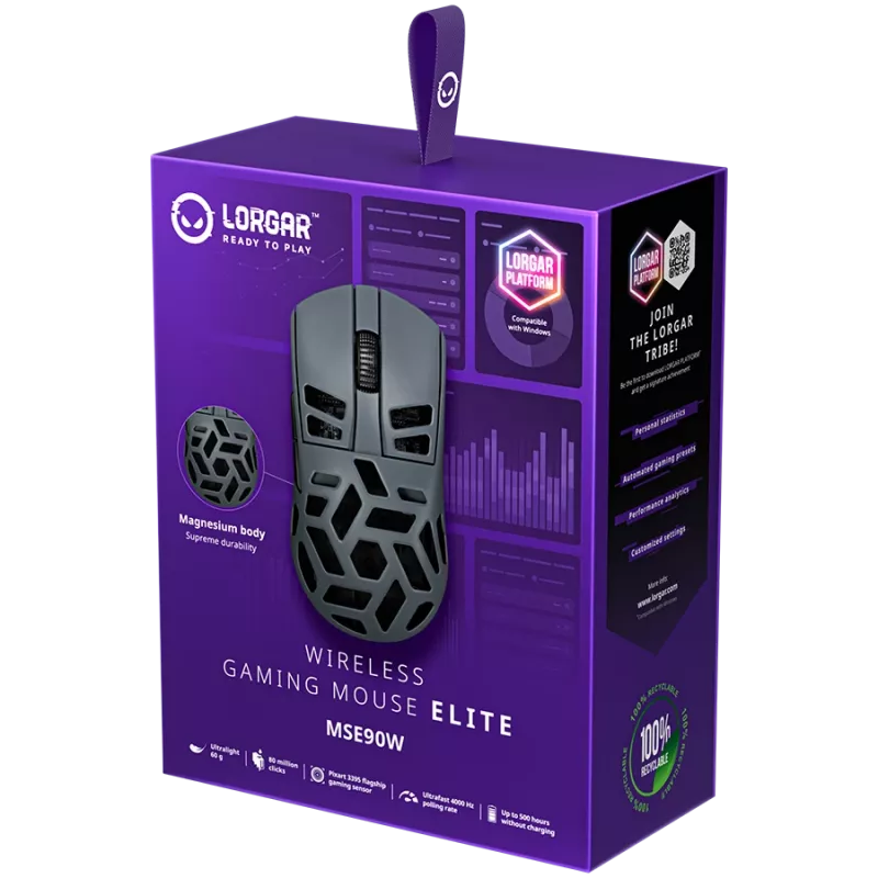 LORGAR MSE90W, Magnesium Alloy Wireless Gaming Mouse Elite, Dark Grey