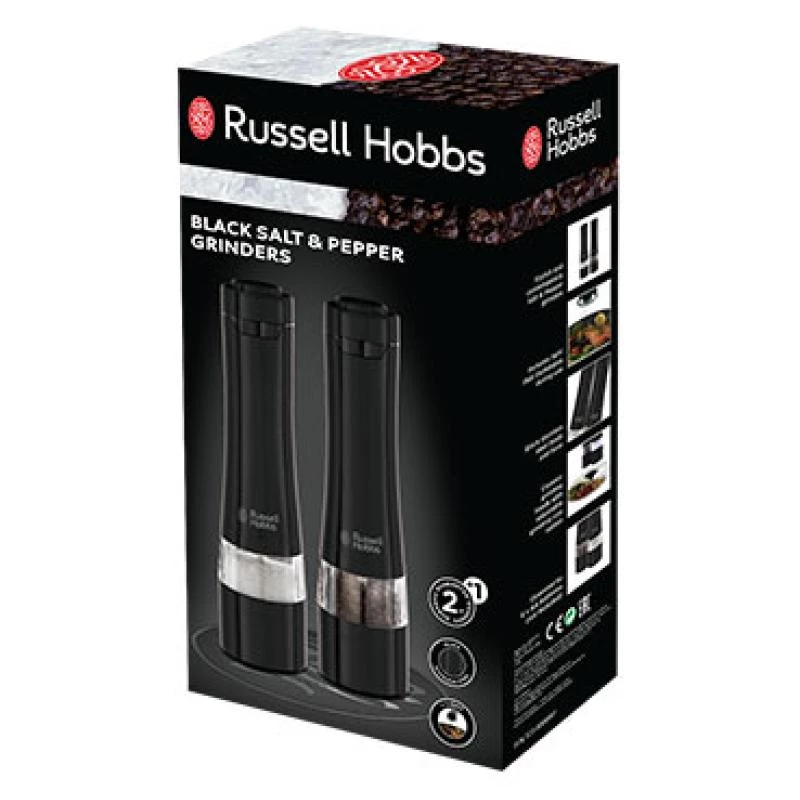 Russell Hobbs 28010-56 Electric Salt Mill Set (High Quality, Automatic, Adjustable Grinding, Light on Base, Black Metal Design) Pepper Mill