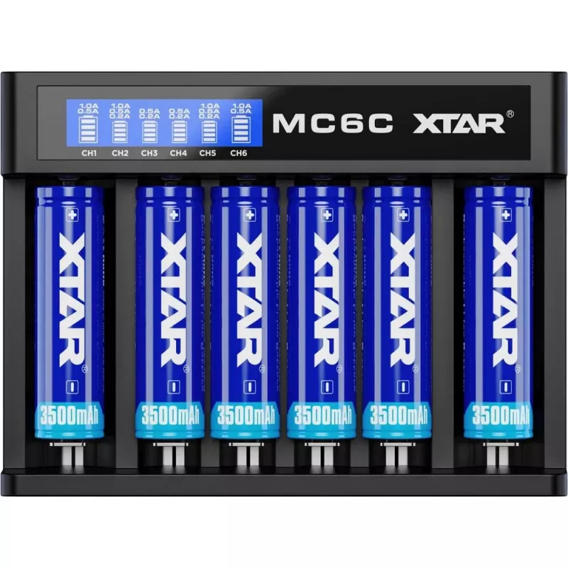 Battery charger XTAR MC6C multi-slot smart charger for cylindrical Li‑ion cells, 6‑bay, supports 18650/21700/AA, 5V input, black