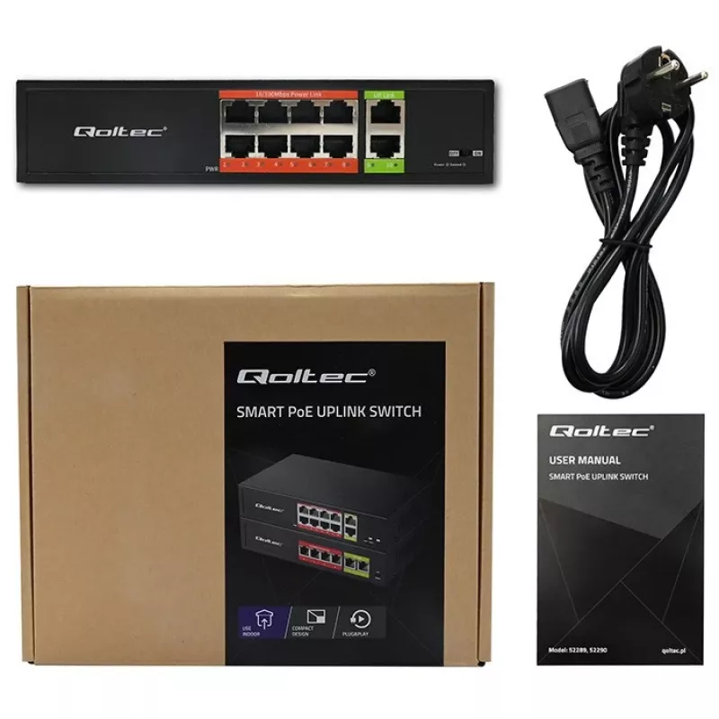 Network switch QOLTEC FAST Ethernet PoE 8xRJ45 with 2xRJ45 uplink (model 52290)