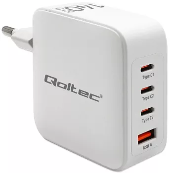Charger QOLTEC 51828 140W GaN 3×USB‑C PD + 1×USB‑A QC 3.0 – multiport fast charger