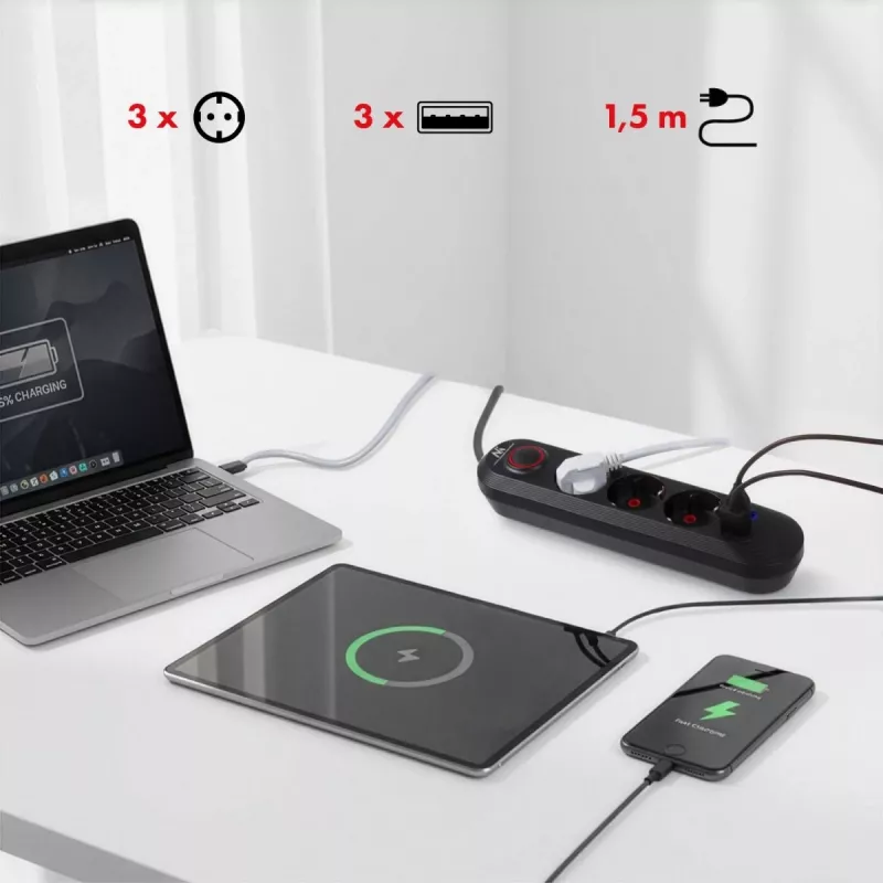 Power strip MACLEAN MCE394 B — 3 sockets + 3×USB A, 110–240V, 2.1A USB, 2500W, 1.5 m cable, black