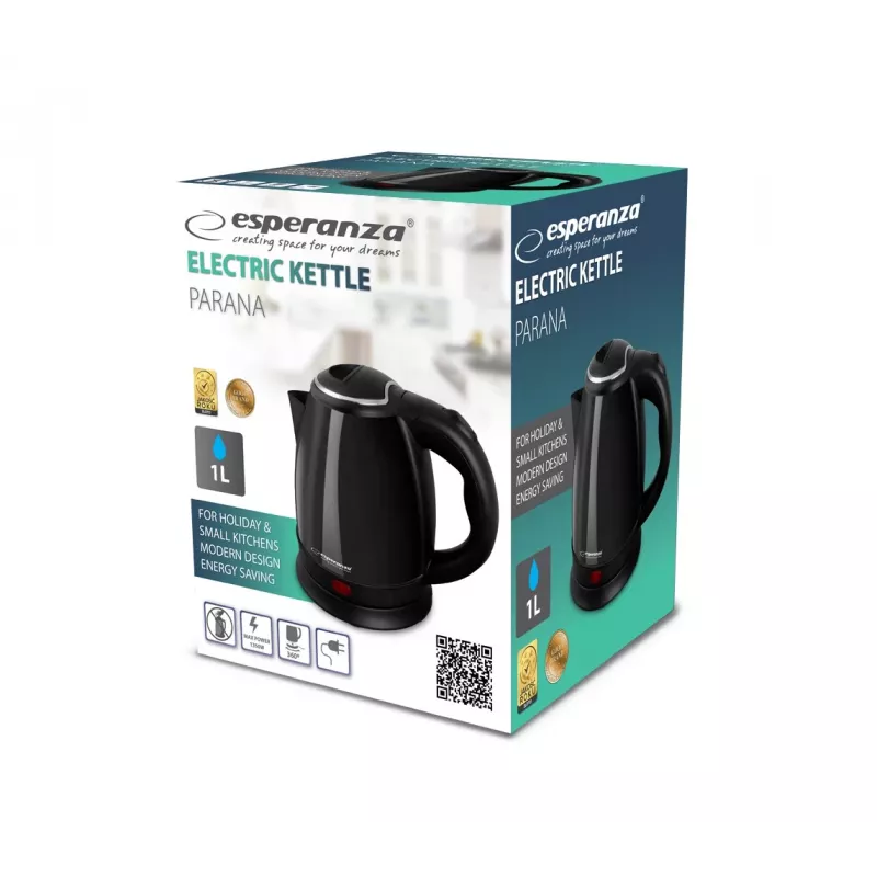 Electric kettle ESPERANZA EKK128K 1.0 L, 1350 W, stainless steel, cordless, auto shut-off, boil-dry protection