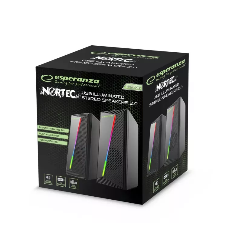 Boxe Stereo 2.0, 6W, Conectare Jack 3.5mm, Alimentare USB, Esperanza Rainbow Nortec 95855, Iluminare RGB, Negre