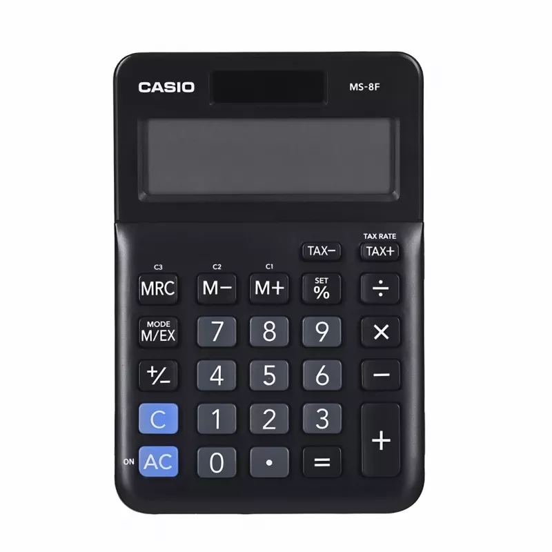Desktop Basic Calculator CASIO MS-8F – 8-digit, battery/solar, 26 keys, currency & tax functions, profit calc, black