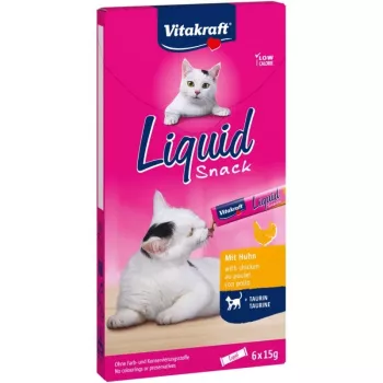 Wet meaty paste cat treat Vitakraft Liquid Snack 6×15 g — chicken & pork, adult cats, sugar- and soy-free