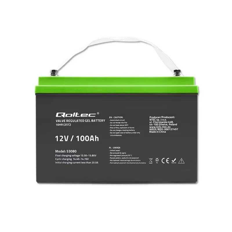 Gel battery QOLTEC 53080 12V 100Ah — sealed rechargeable battery for backup power
