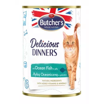 Wet cat food butcher's Delicious Dinners Ocean Fish Chunks in jelly 400 g, fish flavor, senior, can