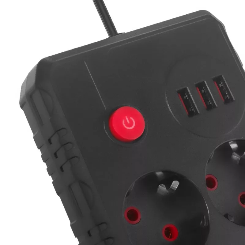 Power strip MACLEAN MCE388 B — 2 AC sockets, 3×USB A, 110–120V 50/60Hz, 2500W, 3 m cable, black