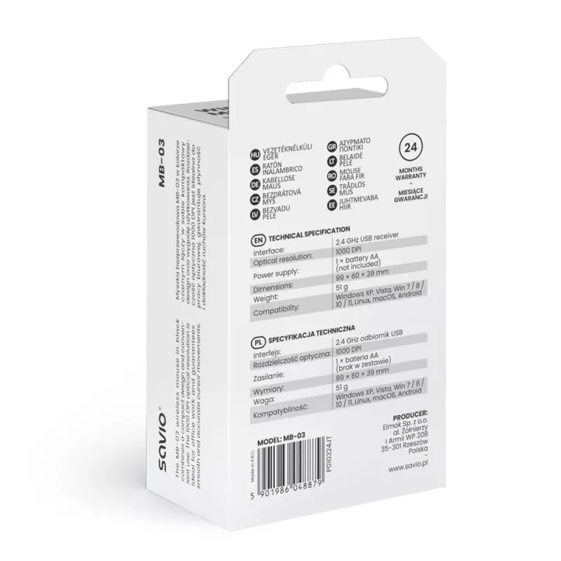 Wireless mouse SAVIO MB-03, Bluetooth interface, 1000 DPI, battery AA, 99×60×39 mm, 51 g, receiver included