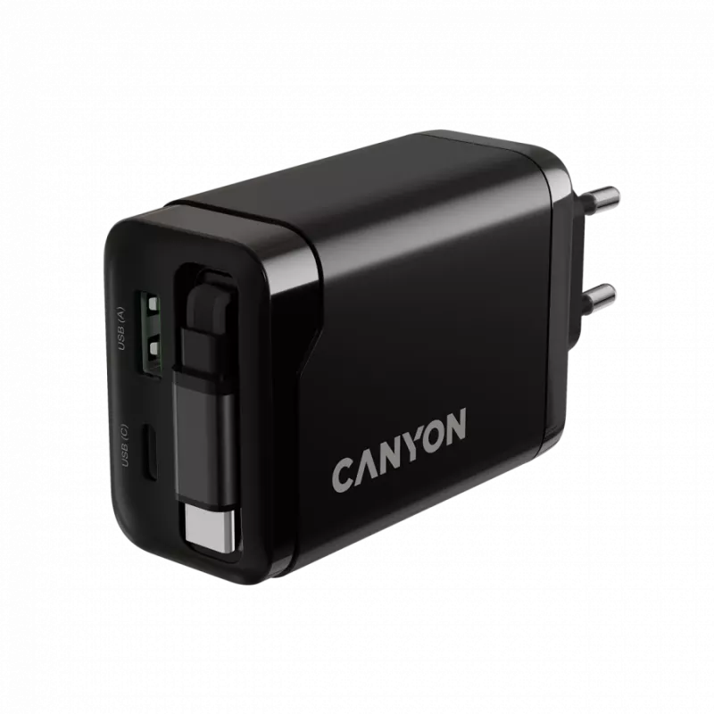 Charger CANYON OnCharge 65RC with built-in USB-C cable, 65W, 1x PD, 1x QC, EU plug, Black