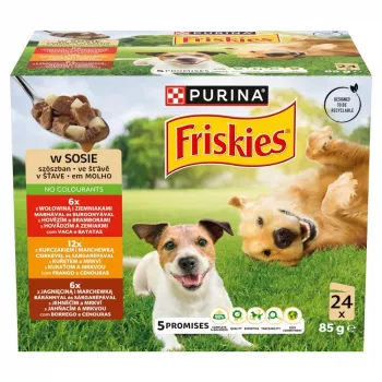 Wet dog food multipack Purina Nestlé Friskies Adult Beef, Chicken & Lamb 24 x 85 g, complete feed, 82.5% moisture