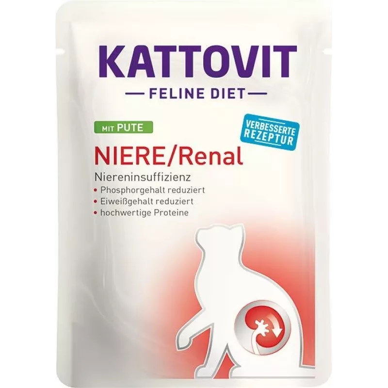Wet cat food KATTOVIT Niere/Renal 85 g sachet — 12 x 85 g, poultry (beef, chicken, duck, turkey) for adult cats with renal insufficiency