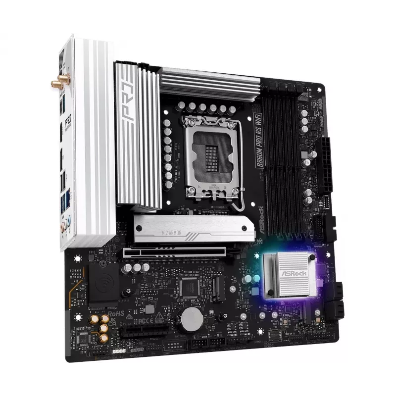 Motherboard ASRock B860M Pro RS WiFi — Intel B860, LGA 1851, micro ATX, DDR5, 4 DIMM, 3x M.2, 2.5Gb LAN, Wi‑Fi, Bluetooth