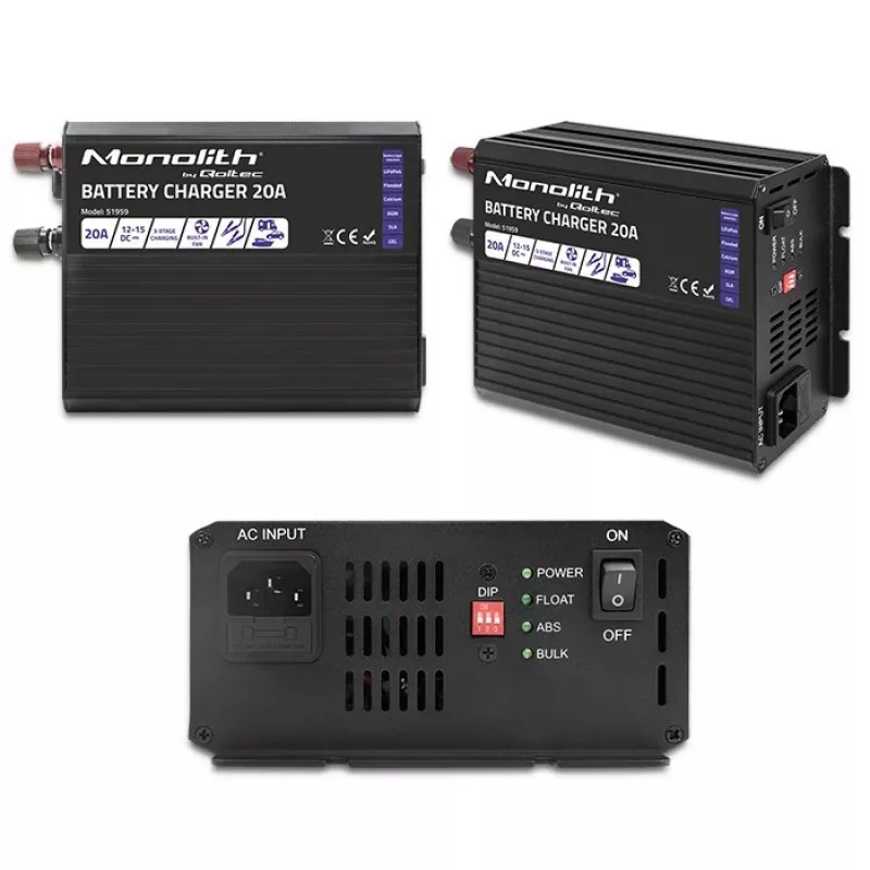 Charger QOLTEC Monolith 20A 12V for LiFePO4, AGM, GEL, SLA batteries