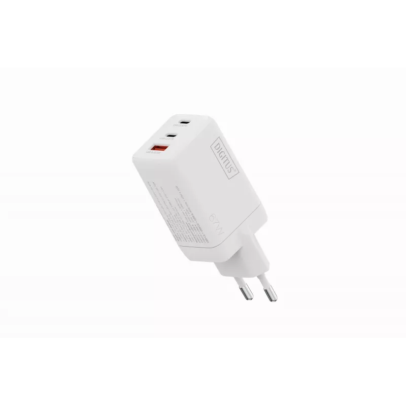 Wall charger DIGITUS DA-10303 67W GaN, 2× USB-C + 1× USB-A, 100–240V, white