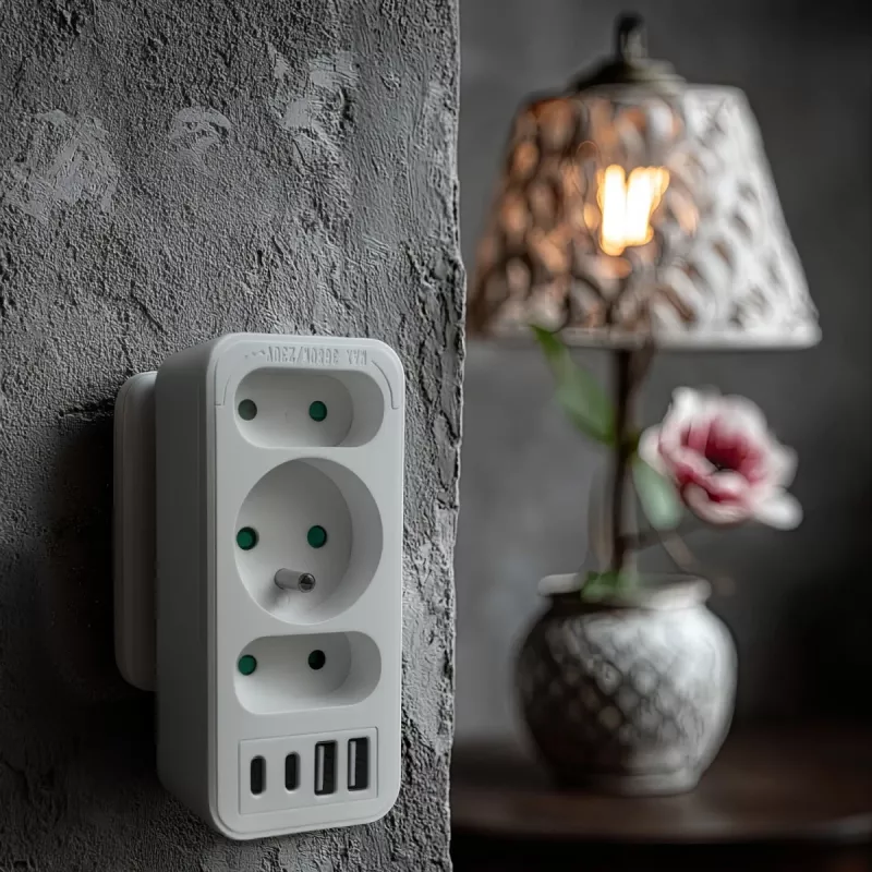 Power splitter MACLEAN MCE248 F/W — 3 AC sockets (1×16A, 2×6A) + 4×USB (2×A, 2×C PD 20W), EU plug, white