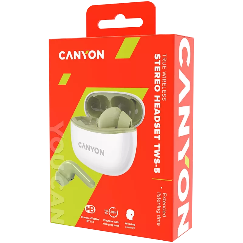 CANYON In-Ear Headphones TWS-5, Green Bluetooth 5.3, touch control, charging input: USB-C