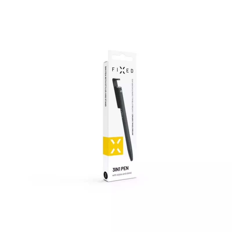 3‑in‑1 pen with stylus and stand FIXED FIXPEN-BK — ballpoint, capacitive tip, integrated stand, black