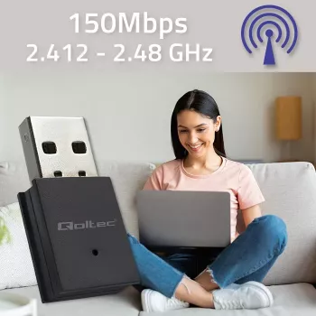 Wireless Mini USB Wi‑Fi Adapter QOLTEC 57007 — Single‑band 2.4 GHz, up to 150 Mbps, internal antenna