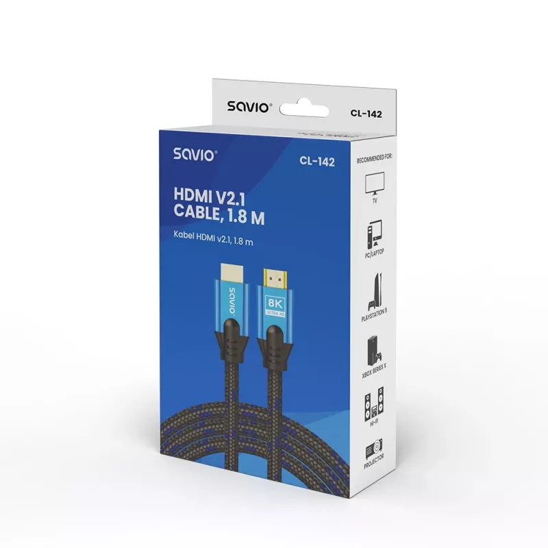 HDMI cable Savio CL-142 v2.1 1.8 m, HDMI Type A male–male, gold-plated contacts, black/blue