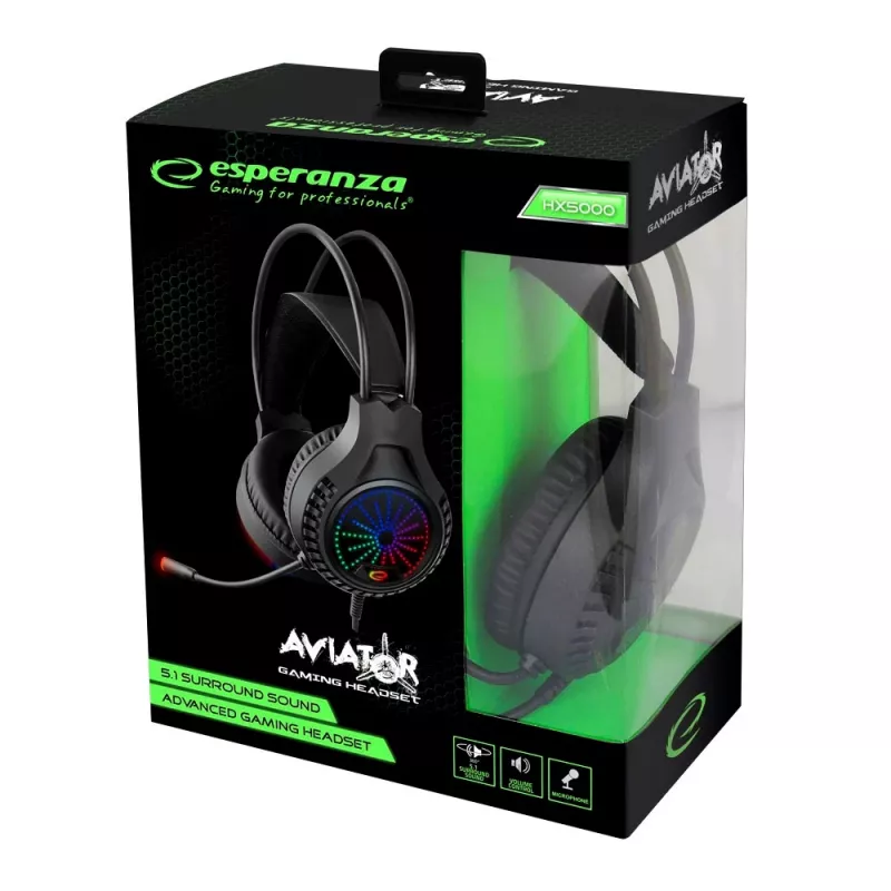 Wired gaming headphones ESPERANZA EGH5000 — over-ear, USB 2.0, 20–20,000 Hz, 32 Ω, 105 dB, 1.5 m cable, boom mic