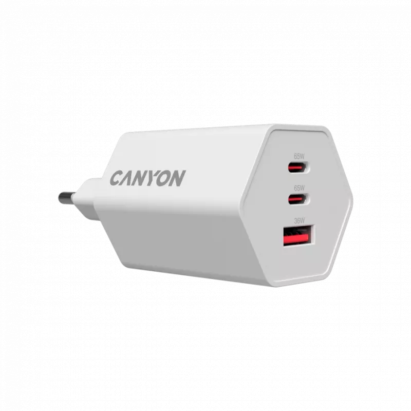CANYON charger HEXAGON 65 GaN 65W 2xPD 1xQC EU White CND-CHAHEX65W