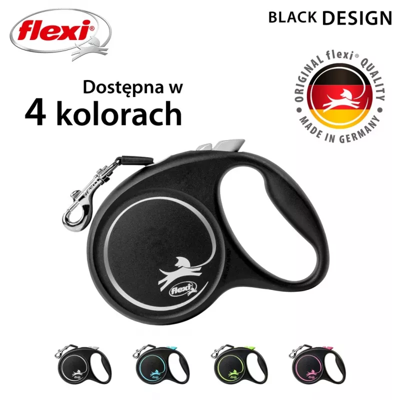 Retractable dog lead Flexi Black Design M, tape leash, 5 m, for medium breeds (10–25 kg), max load 20 kg