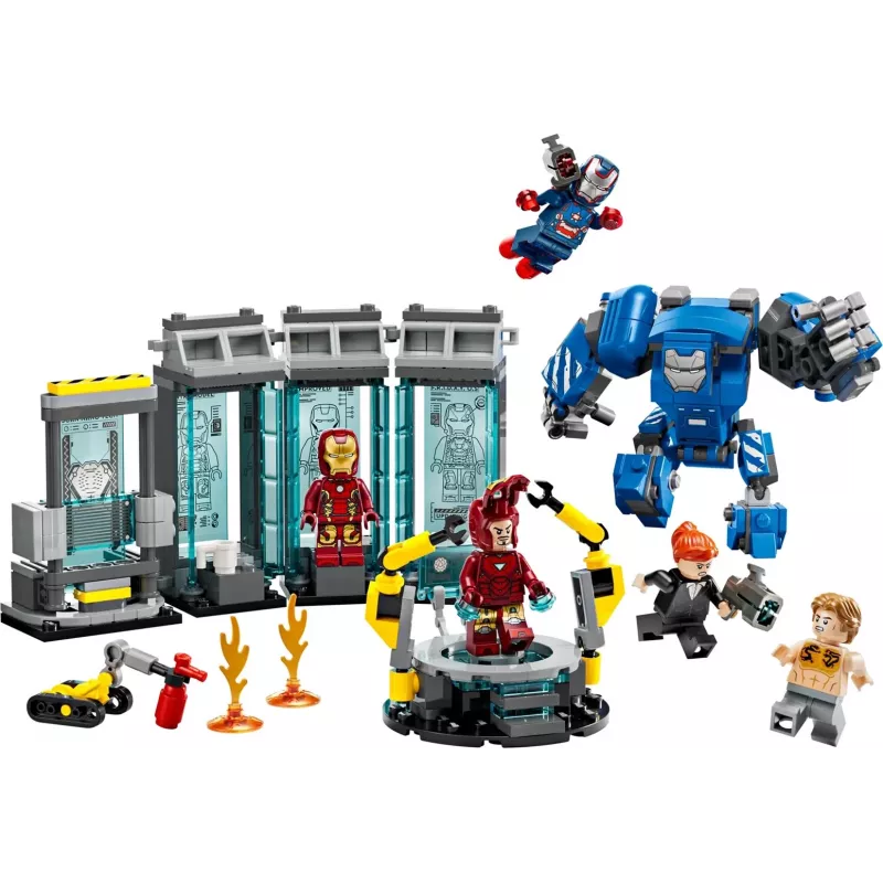LEGO playset Marvel Iron Man's Laboratory Hall of Armor 76315 — 384 pieces, 5 minifigures, display area