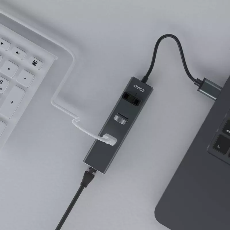 SAVIO USB-A hub with RJ-45 Gigabit Ethernet AK-57 — 3× USB-A + RJ-45, USB 3.2 Gen 1 Micro‑B host, 5 Gbit/s, 4 ports, grey