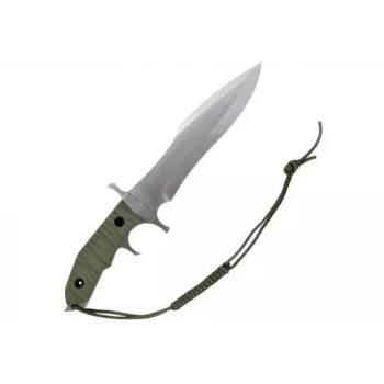 Fixed knife cinema classic CC-H5 Rambo V — Survival knife, steel blade 230 mm, overall length 385 mm, polymer green handle, leather sheath