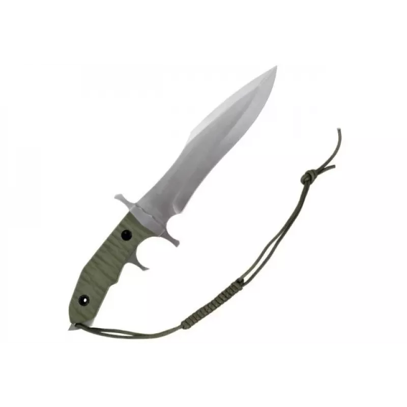 Fixed knife cinema classic CC-H5 Rambo V — Survival knife, steel blade 230 mm, overall length 385 mm, polymer green handle, leather sheath