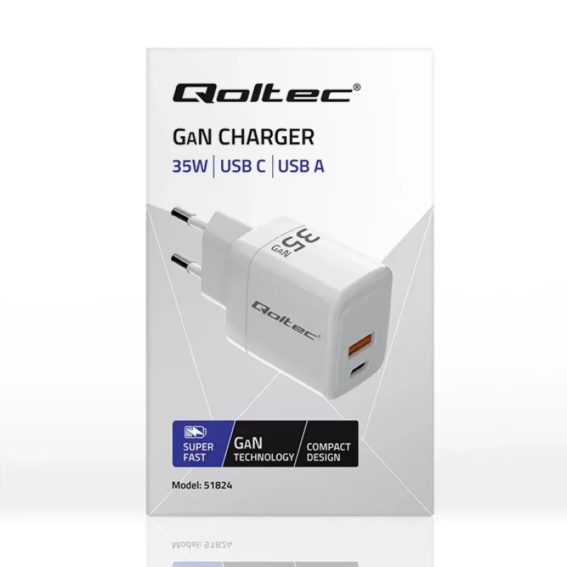 Charger QOLTEC 51824 GaN 35W USB-C PD & USB QC 3.0, 5–20V, 1x USB-C, 1x USB-A