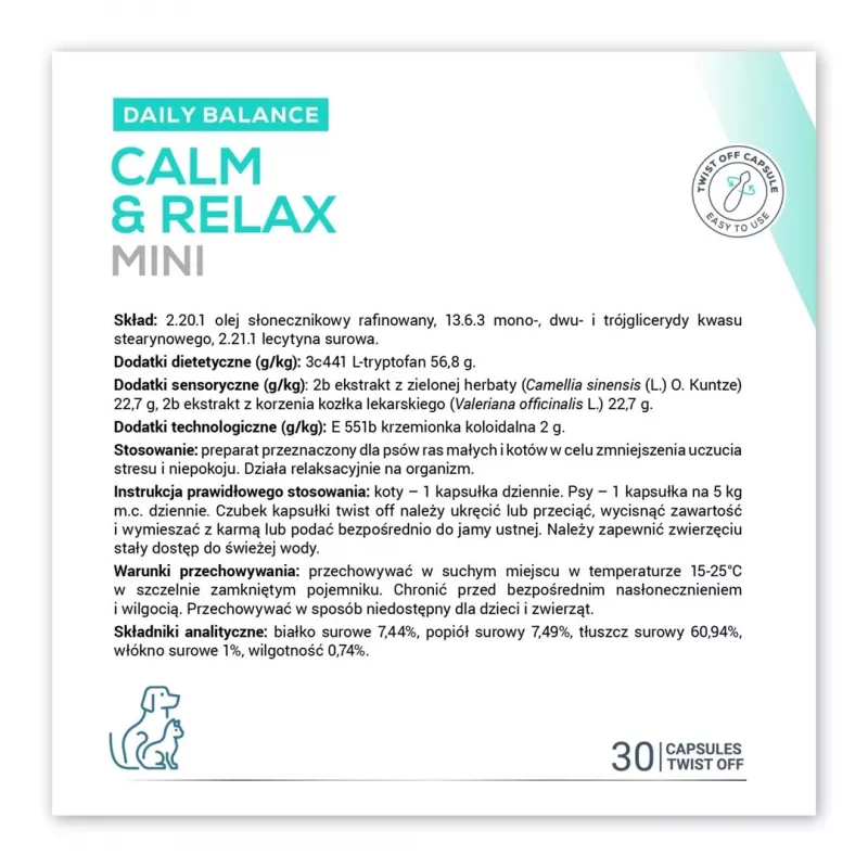 Calming supplement VETEXPERT Calm&Relax Mini — 30 capsules for small dogs and cats, 100 g, sugar‑free, gluten‑free
