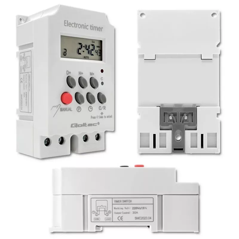 DIN-rail electronic timer QOLTEC PC0629 — 24V supply, 16A output