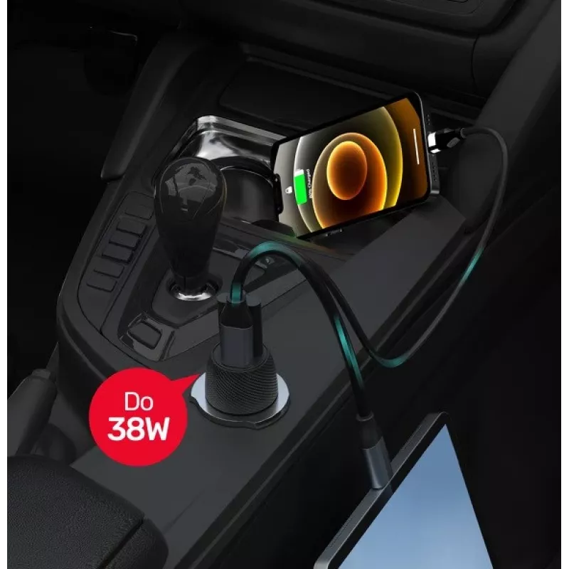 Car charger Unitek P1400A with USB-C and USB-A, 38W, Quick Charge 3.0, input 12–24V, black