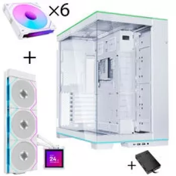 Lian Li O11 Dynamic EVO RGB PC-Enclosure Bundle + HydroShift II LCD-S 360TL AiO + 6x UNI FAN SL-INF 120 Reverse Blade Fan - White