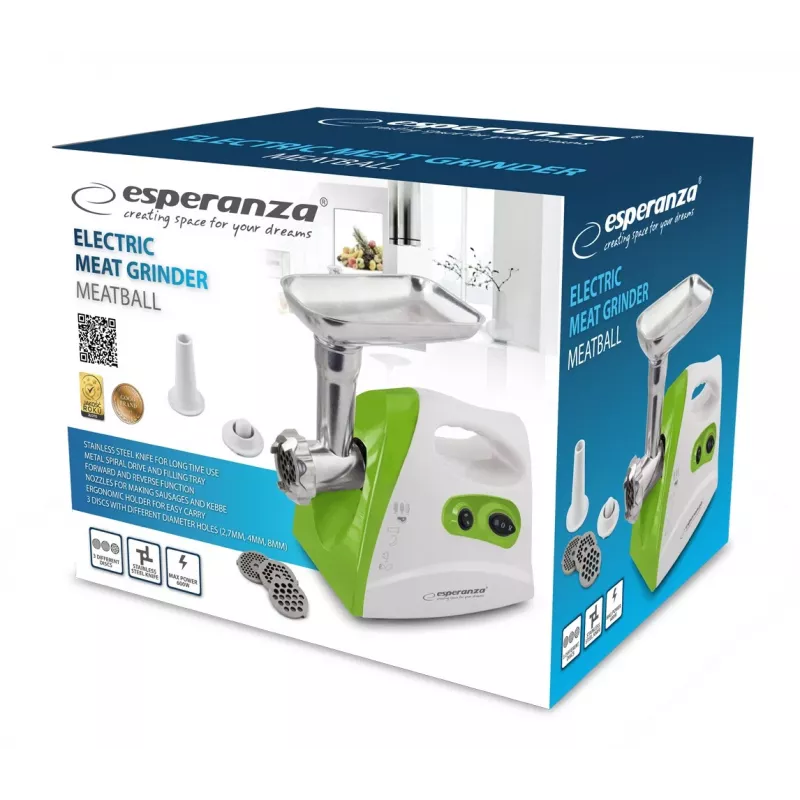 Meat grinder ESPERANZA EKM012G — 600 W, stainless steel blade, sausage horn, kebbe maker, reverse, non-slip feet, white/green
