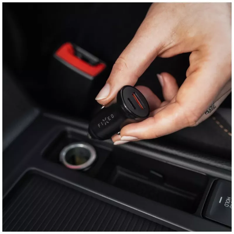 Car charger FIXED FIXCC20N-CU-BK — USB-C and USB-A ports, 20W output, compact in-car adapter