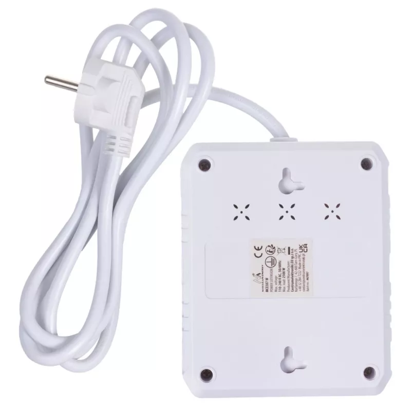 Power strip MACLEAN MCE387 W — 2 sockets, 3×USB A, 110–240V, 2500W, 1.5 m cable, white