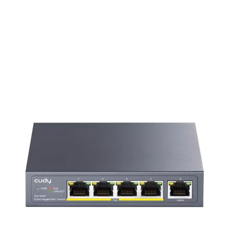 Network switch Cudy GS1005P — 5-port Gigabit Ethernet with 4 PoE ports, 60W total, metal housing, rack mountable