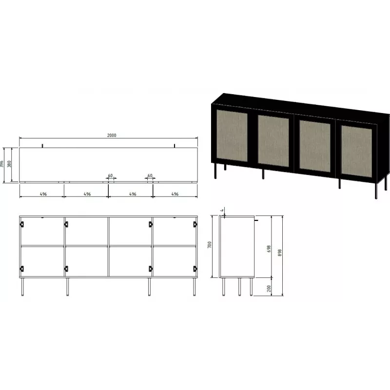 JUTA 4D chest of drawers 4D 200x39,5x90 black + linol calabria