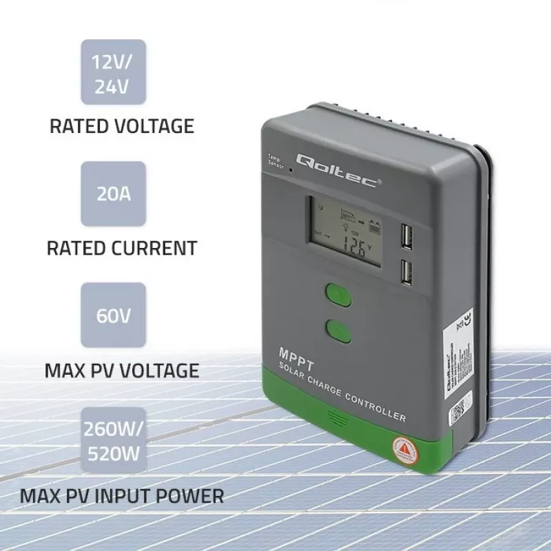 Qoltec, solar MPPT charge controller with temperature sensor 20A 12V/24V Display LCD 2 X USB
