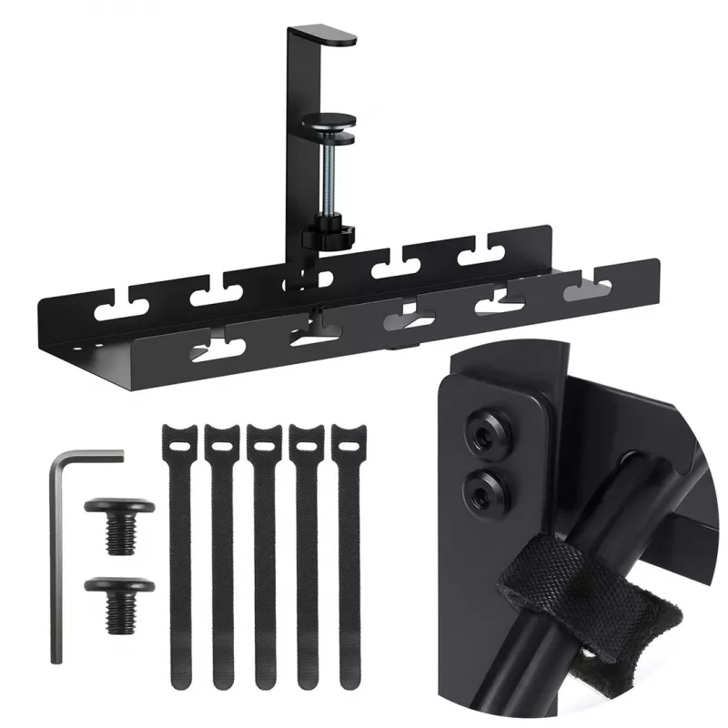 Under-desk cable organizer MACLEAN MC-105 B, steel, adjustable, fits desk thickness 0.5–50 mm, max load 5 kg, black
