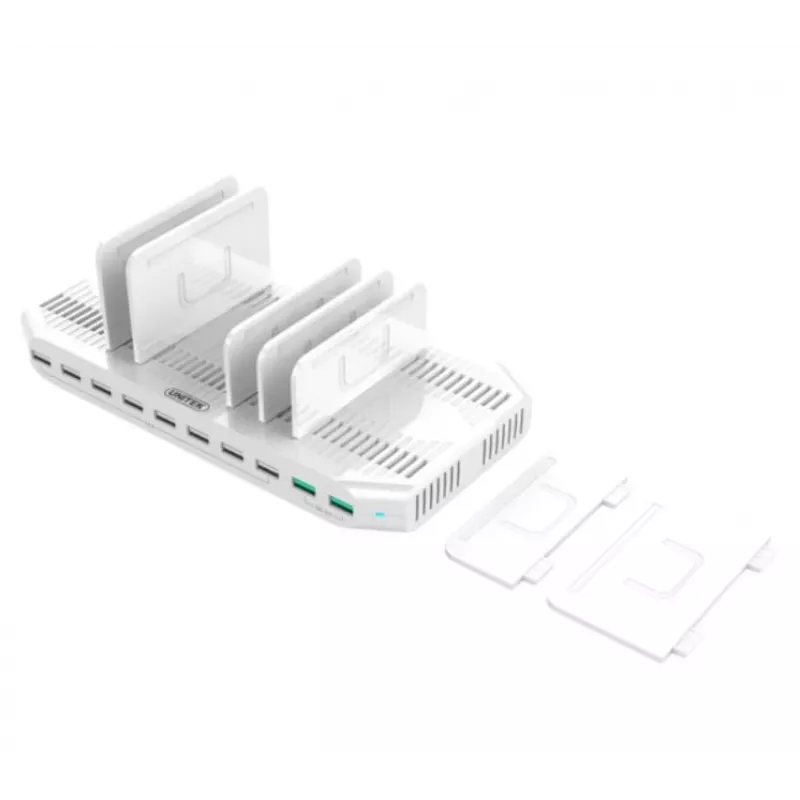 Charging station Unitek Y-2190A — 10× USB ports (8×USB2.0 + 2×USB3.2 Gen1), wireless charging, 96W total